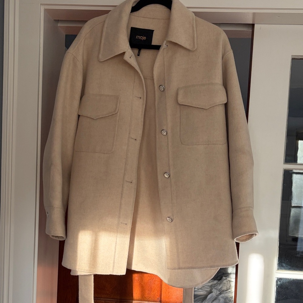 Maje Cream Teddy Wool Shacket with Front Flap Pockets